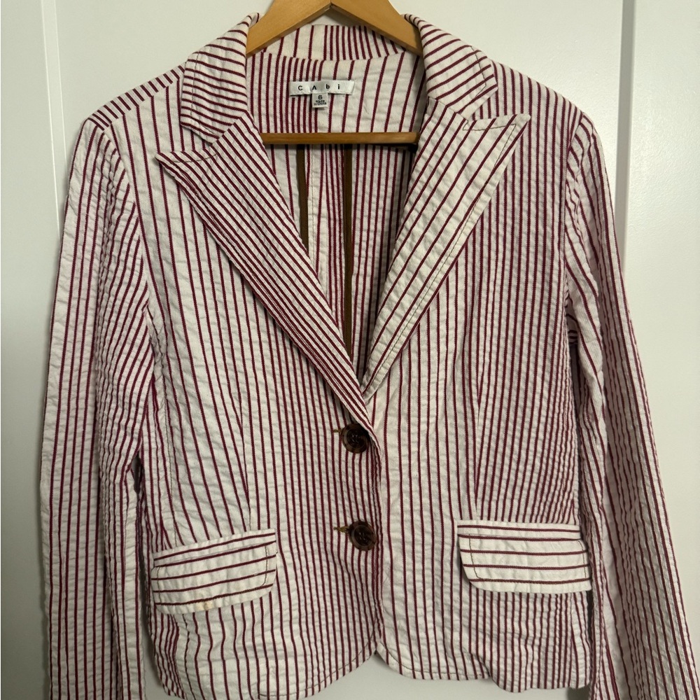 Cabi Women's Single-Breasted Striped Peak Lapel Casual Blazer Red/White size 6